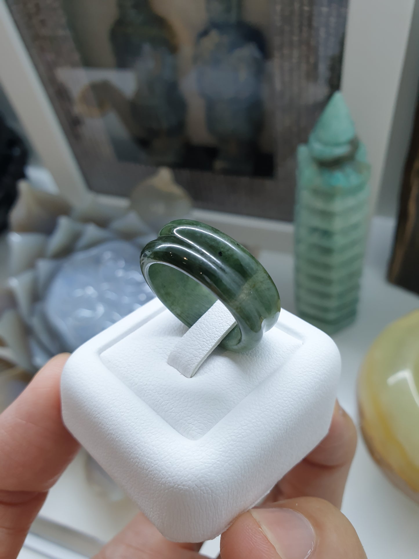 Green Jade Grooved Ring Type A Natural Jadeite Size 9.5 US 61