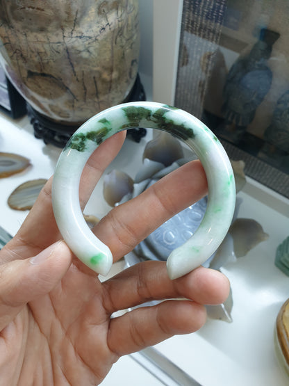 Jade Cylindrical Cuff Bangle Size 55 - 56 Moss in Snow Natural Jadeite