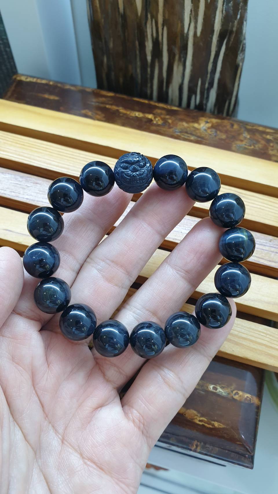 Hawk Eye Prosperity Bracelet with Cai Shen Ye Charm, 17 cm - Natural Stones
