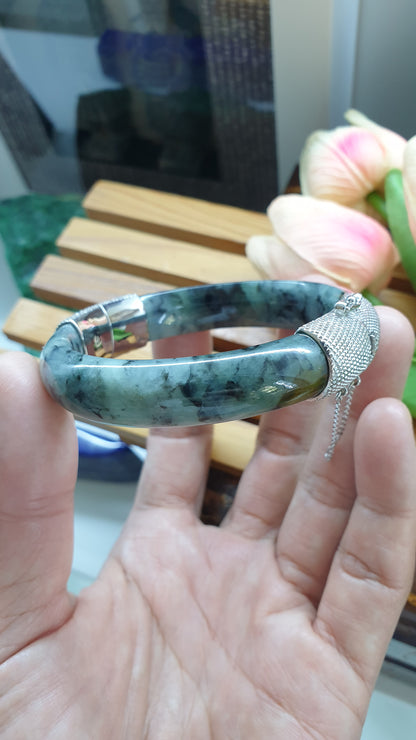 Jade Split Bangle S57 Type A Natural Blue Jadeite Sterling Silver Designer Locks
