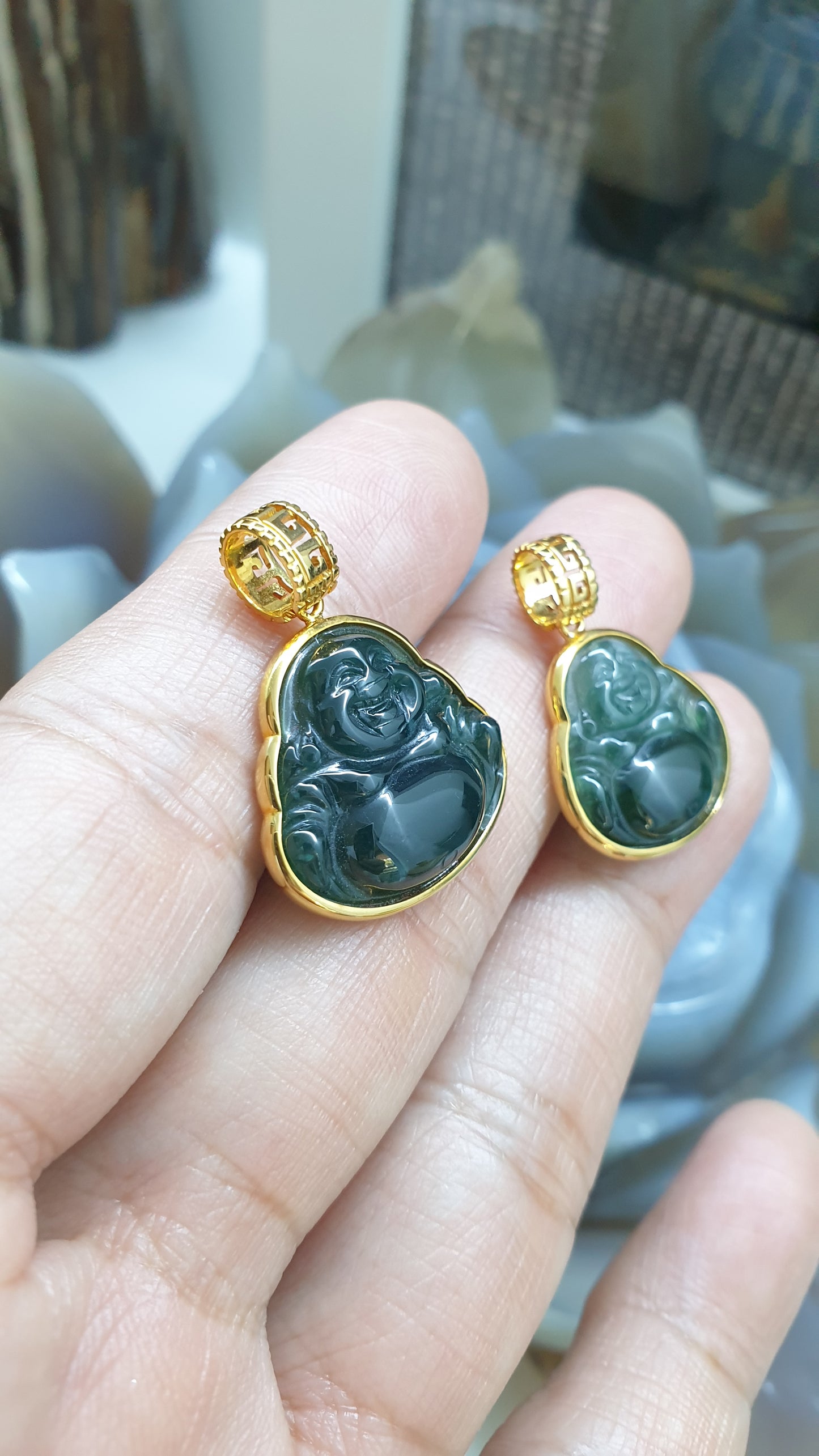Blue Jade Happy Buddha Pendant | 18K Gold Setting | Wealth & Fortune Jewelry