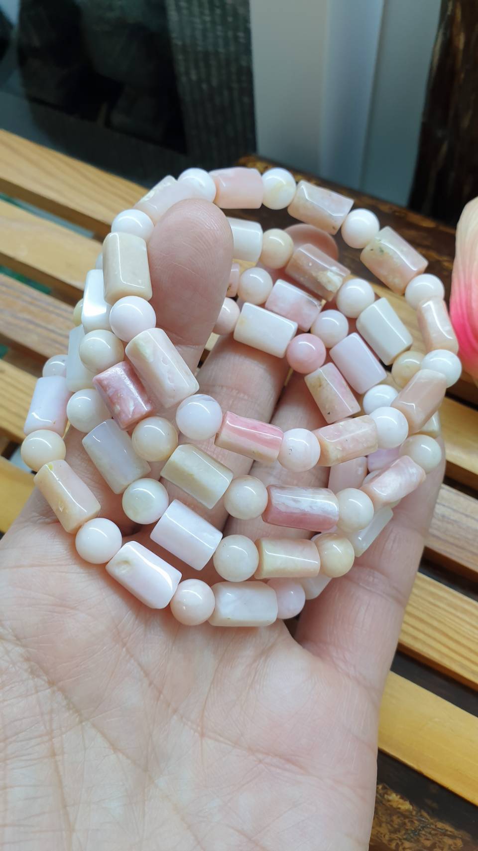 Pink Opal Stretch Bracelets 17cm, Natural Gemstone Cylinder Beads