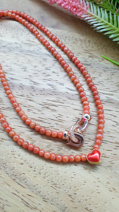 Red Jade Beads Necklace 18inch 24K Gold Heart Type A Myanmar Jadeite