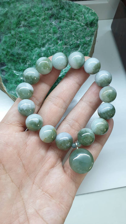 Single Charm Jade Bracelet 17cm Myanmar Natural Jadeite Type A Two Tone Beads