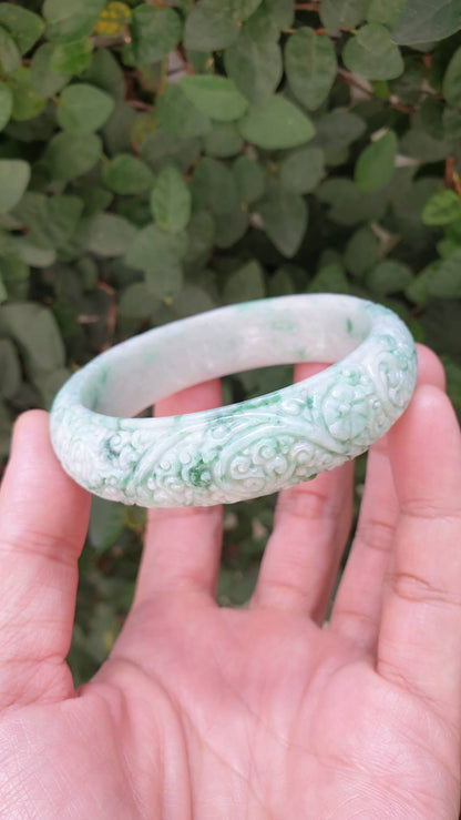 Carved Moss in Snow Jade Ru Yi Bangle S59 Type A Myanmar Jadeite Floral