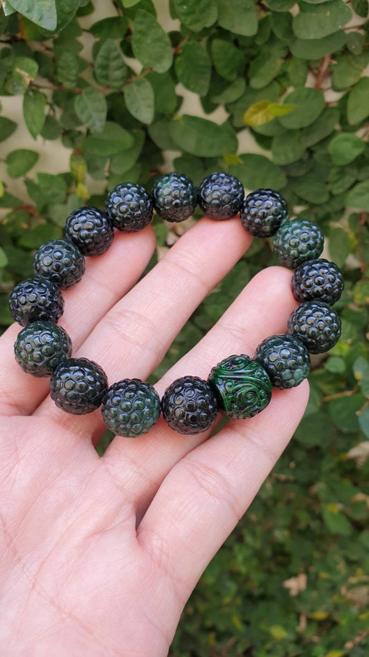 Ru Yi on Bodhi Beads Bracelet 18cm Black Green Fei Cui Myanmar Jadeite