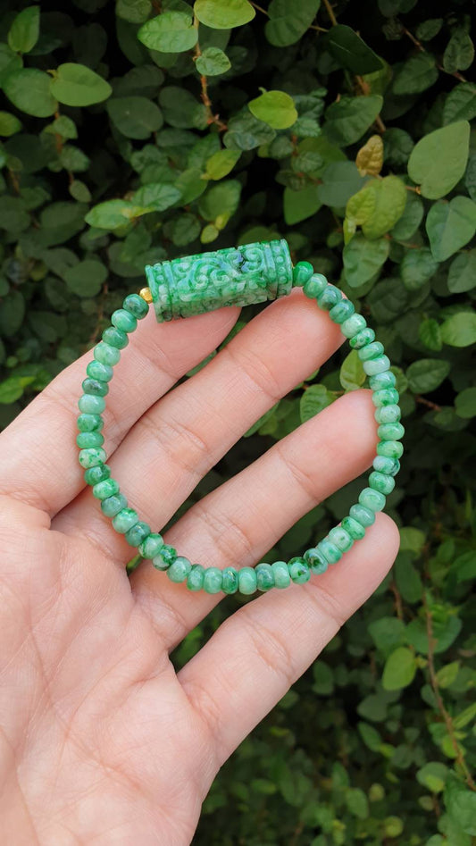 Green Jade Ru Yi Cylinder Bracelet 17cm Fei Cui Type A Jadeite Abacus Beads and Charm