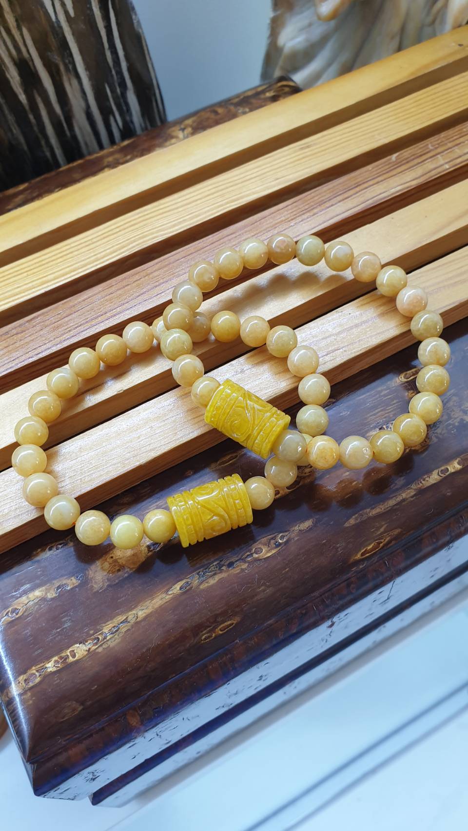 Honey Yellow Jadeite Bracelet Type A 17cm - Natural Jade Ru Yi Cylinder Charm