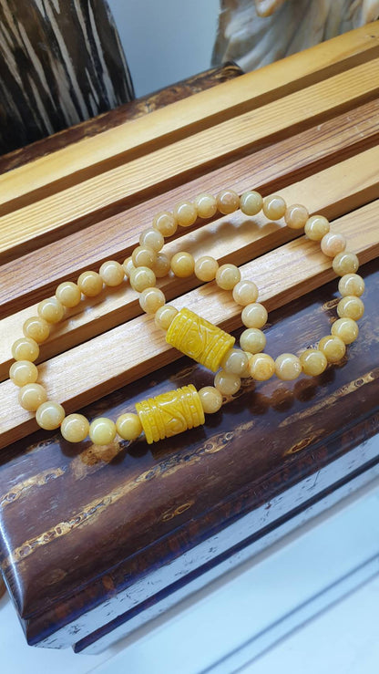 Honey Yellow Jadeite Bracelet Type A 17cm - Natural Jade Ru Yi Cylinder Charm
