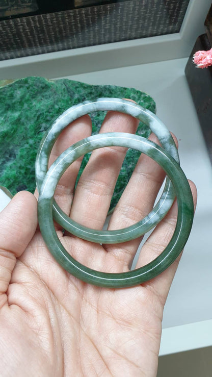 Paired Cylindrical Jade Bangles S58.5 Type A Marbled Green Myanmar Jadeite