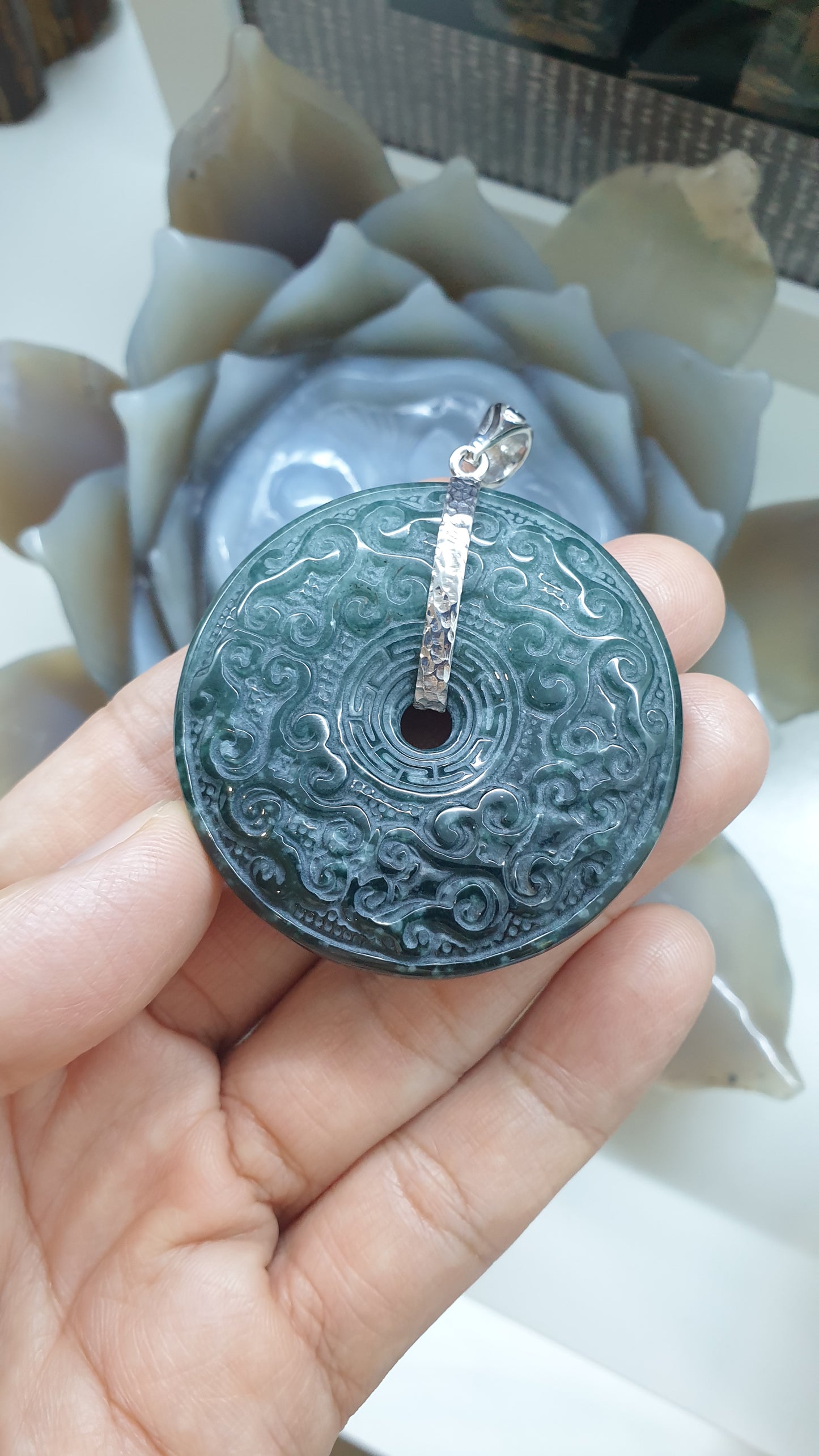 Blue Jade Ru Yi - Peace Buckle Pendant | Fei Cui - Natural Jadeite | Authentic Sterling Silver