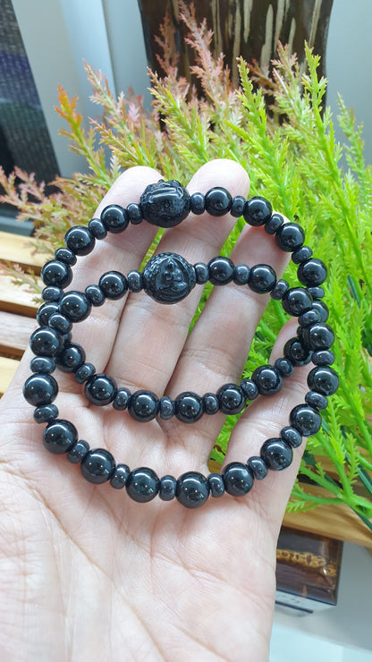 Black Jade Buddha Peace Bracelets 17cm Natural Burma Jadeite Alternate Beads