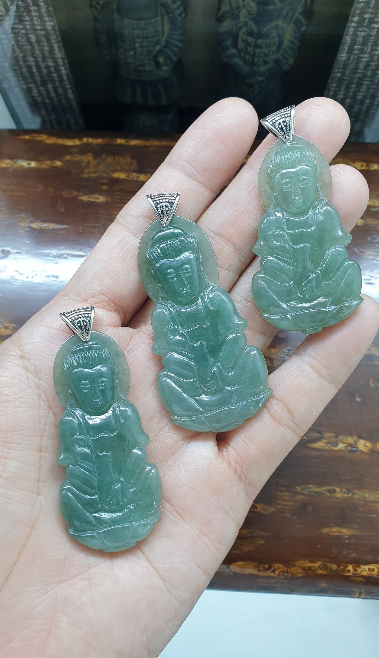 Jade Guan Yin Pendant Type A Natural Jadeite Fei Cui Sterling Silver S925