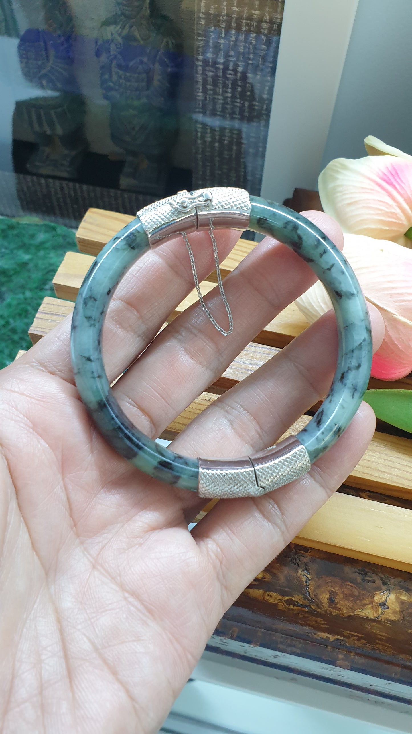 Jade Split Bangle S57 Type A Natural Blue Jadeite Sterling Silver Designer Locks