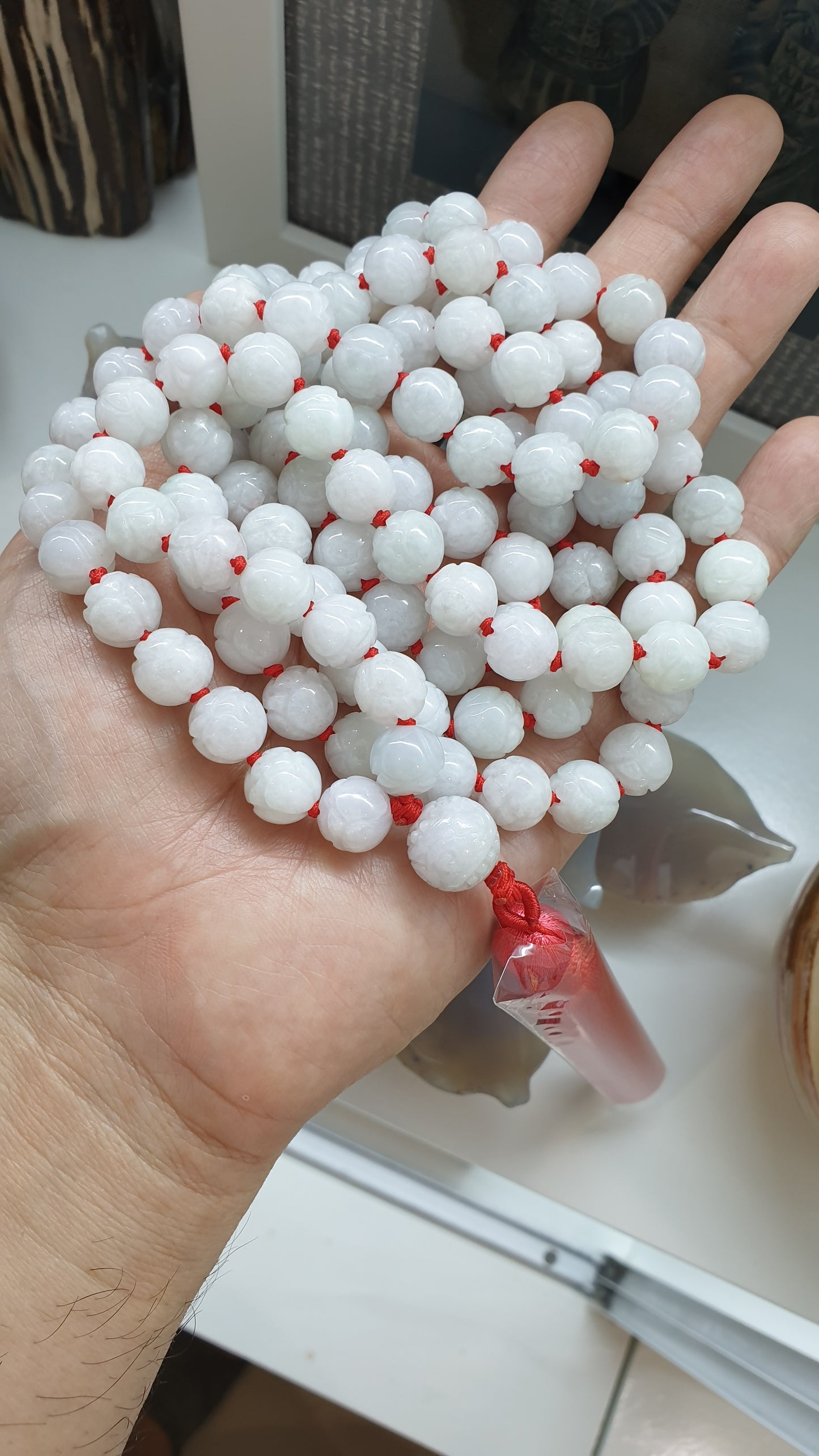 108 Beads Japa Mala - White Jade Lotus  Beads | Type A Natural Jadeite | Handcrafted Meditation Beads