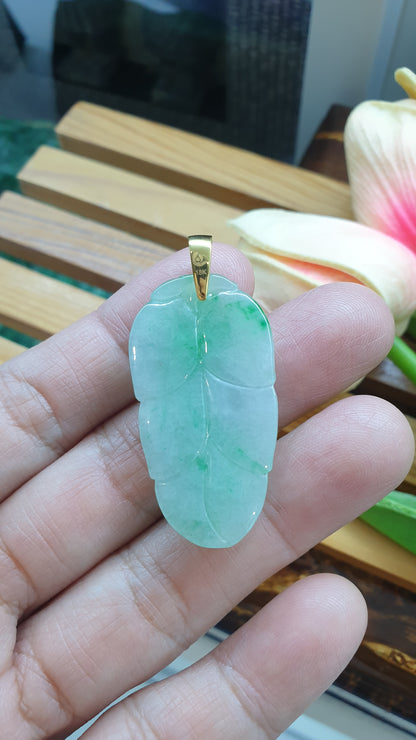18K Gold Jade Leaf Pendant Misty Green Fei Cui Type A Myanmar Jadeite