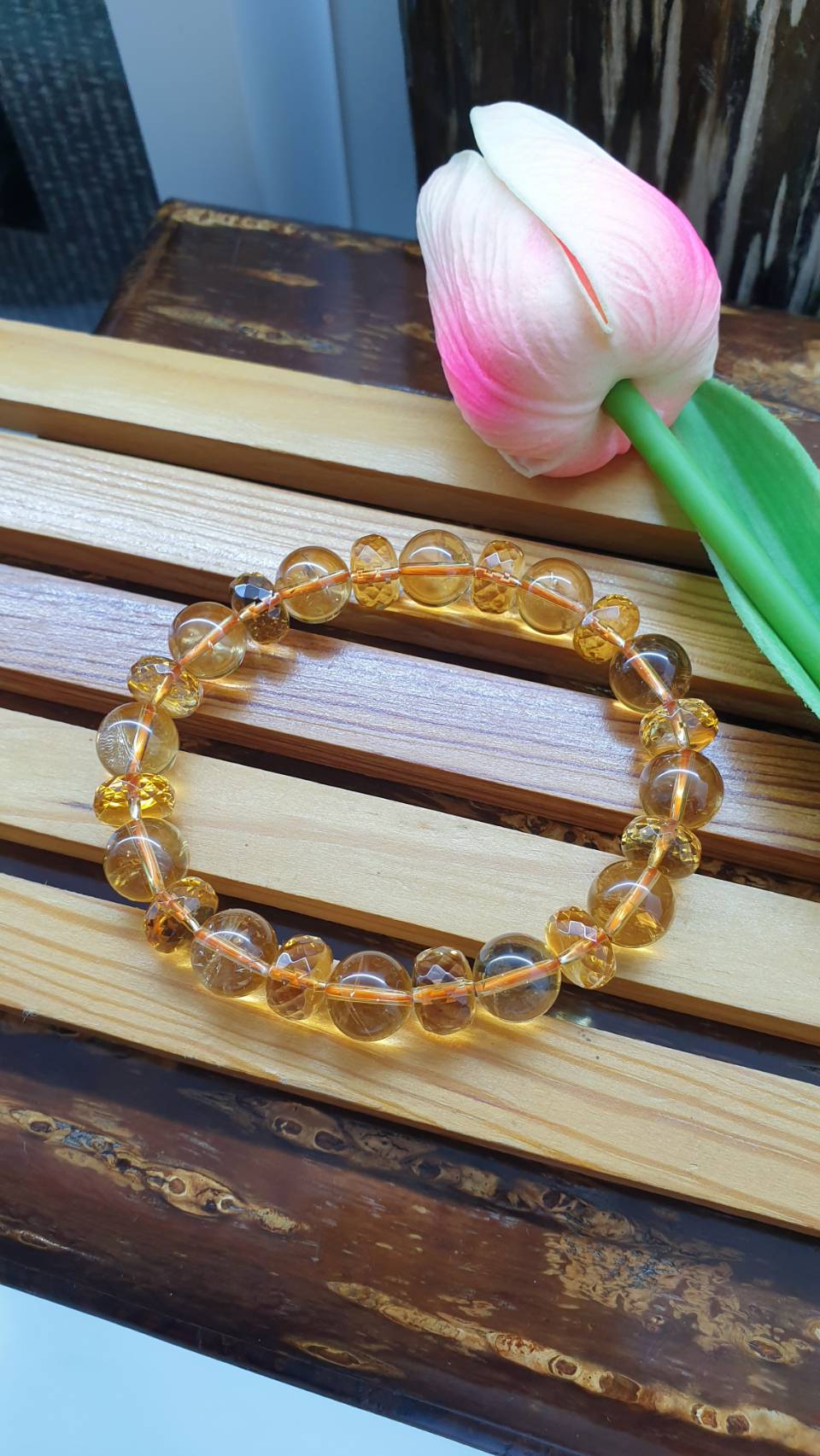 Citrine and Amethyst Paired Bracelets 17 cm - Natural Gemstone Beads
