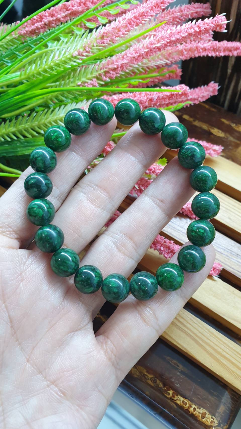 Mawsitsit Type A Beads Bracelet 17cm Fei Cui Natural Marbled Black Chrome Green