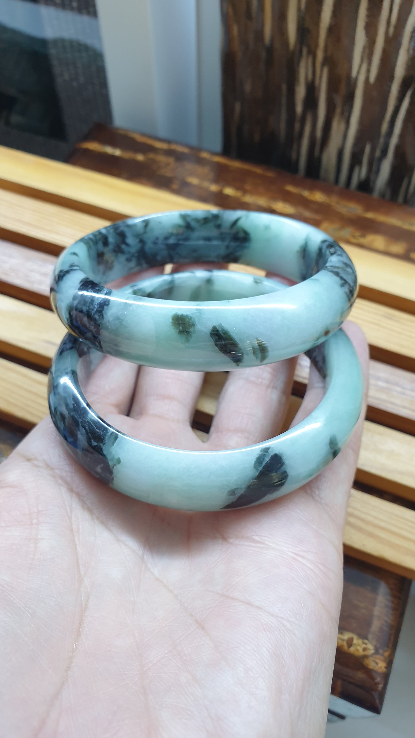 Paired Jade Bangles S59 Type A Blue Green Jadeite Lavender Tone
