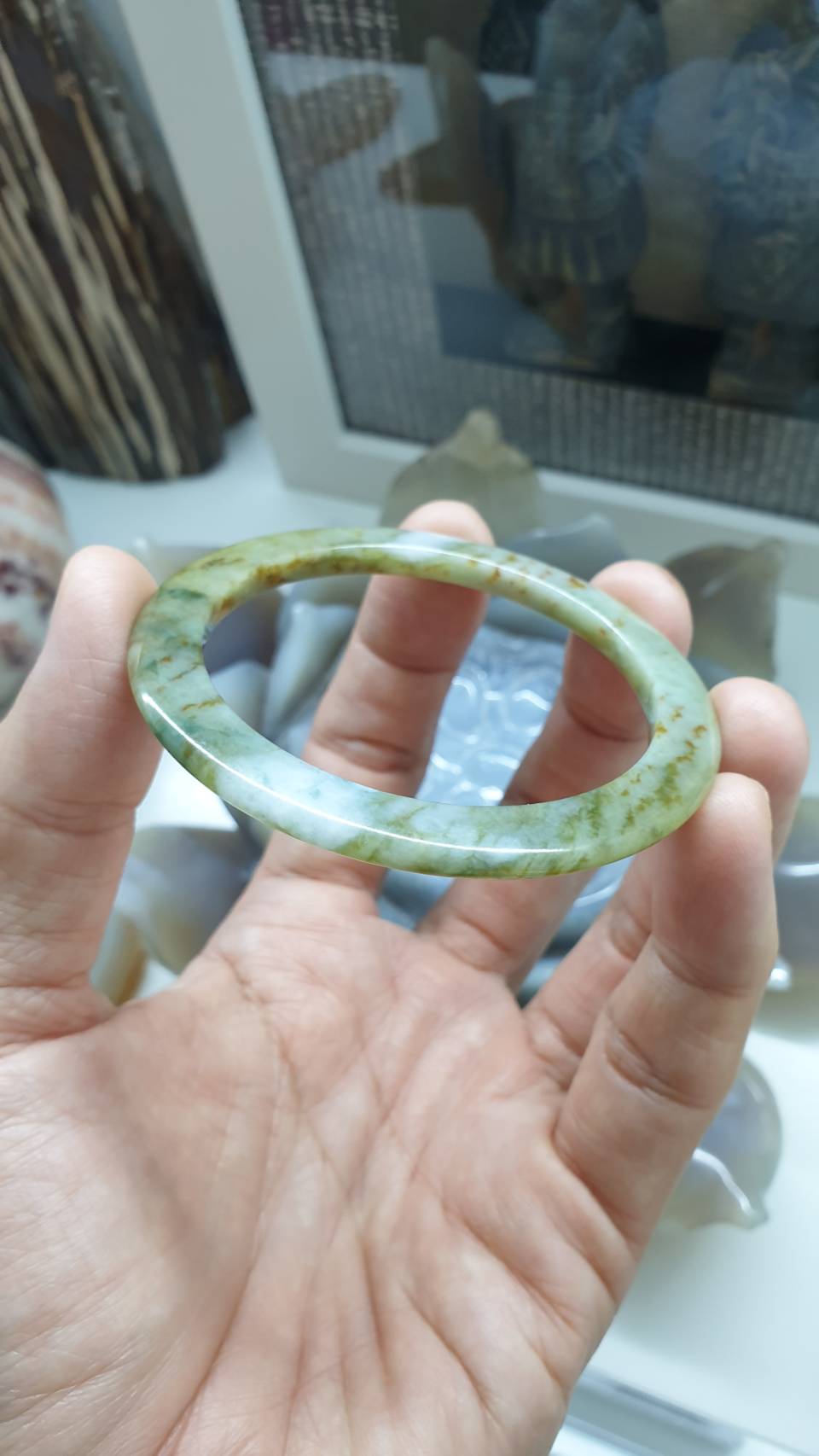 Honey Green Jade Slim Bangle S58.5 Myanmar Type A Jadeite 4.5mm Width