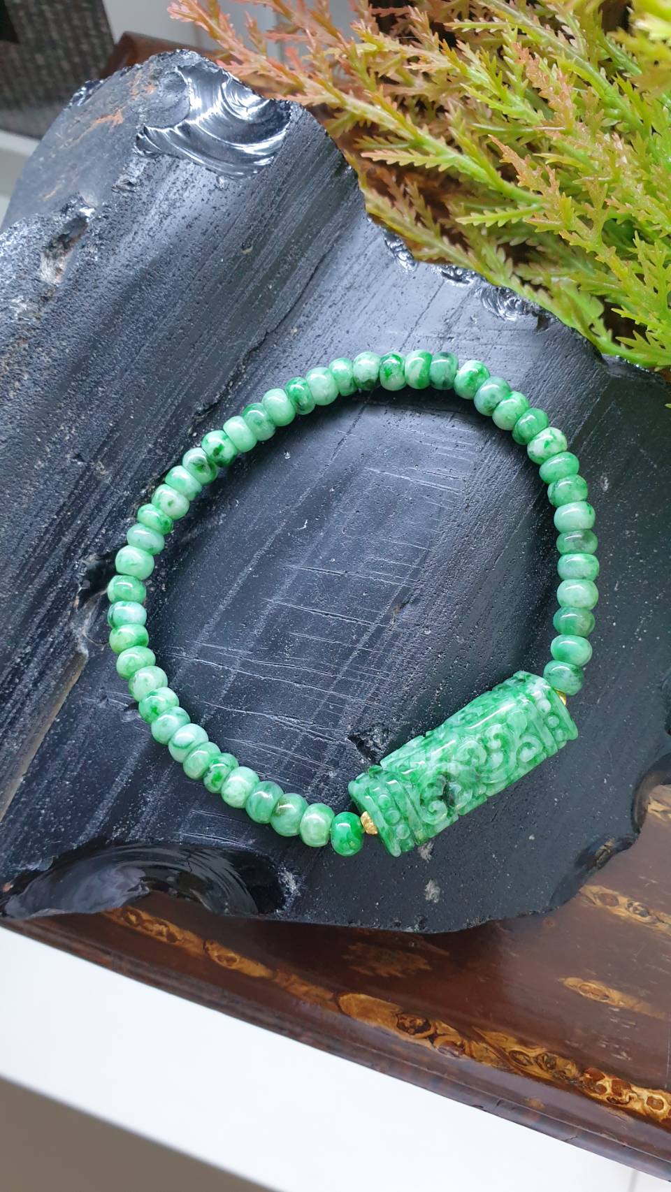 Green Jade Ru Yi Cylinder Bracelet 17cm Fei Cui Type A Jadeite Abacus Beads and Charm