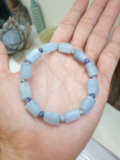 Aquamarine Stretch Bracelets 17cm, Natural Gemstone Rugged Cylinder Beads