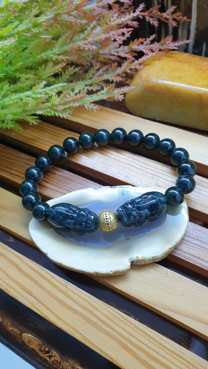 24K Gold Money Bead Ocean Blue Jade Pixiu Bracelet 17cm Type A Natural Jadeite