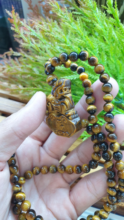 Tiger Eye Wealth Keeper Pixiu Necklace 26inch Natural Gemstone Handcrafted Jewelry