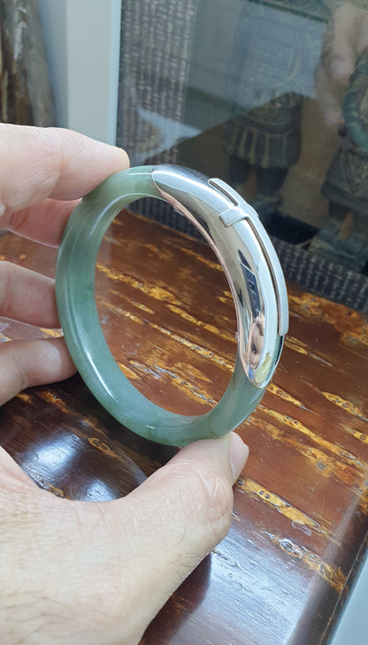 Elegant Cross on Jade Bangle (S 56 - 57) | Fei Cui Type A Jadeite & Sterling Silver | Statement Wrist Accessory