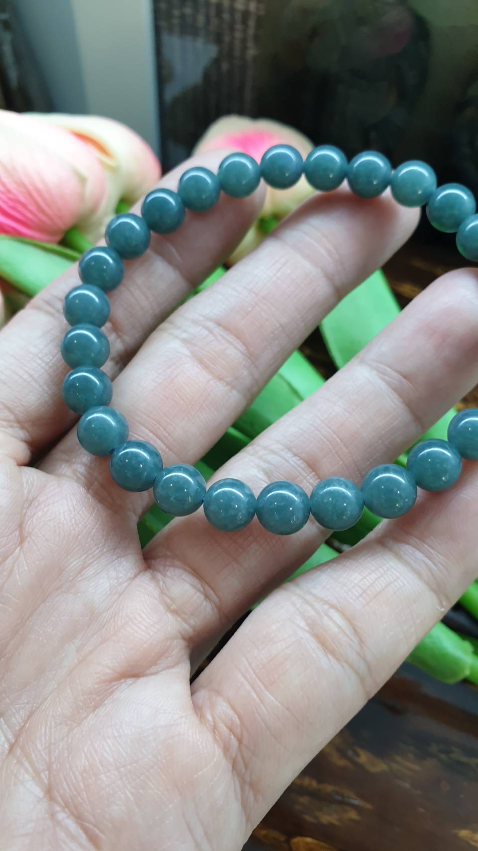 Olmec Blue Jade 17cm Bracelet Natural Guatemala Jadeite 7.5mm Beads