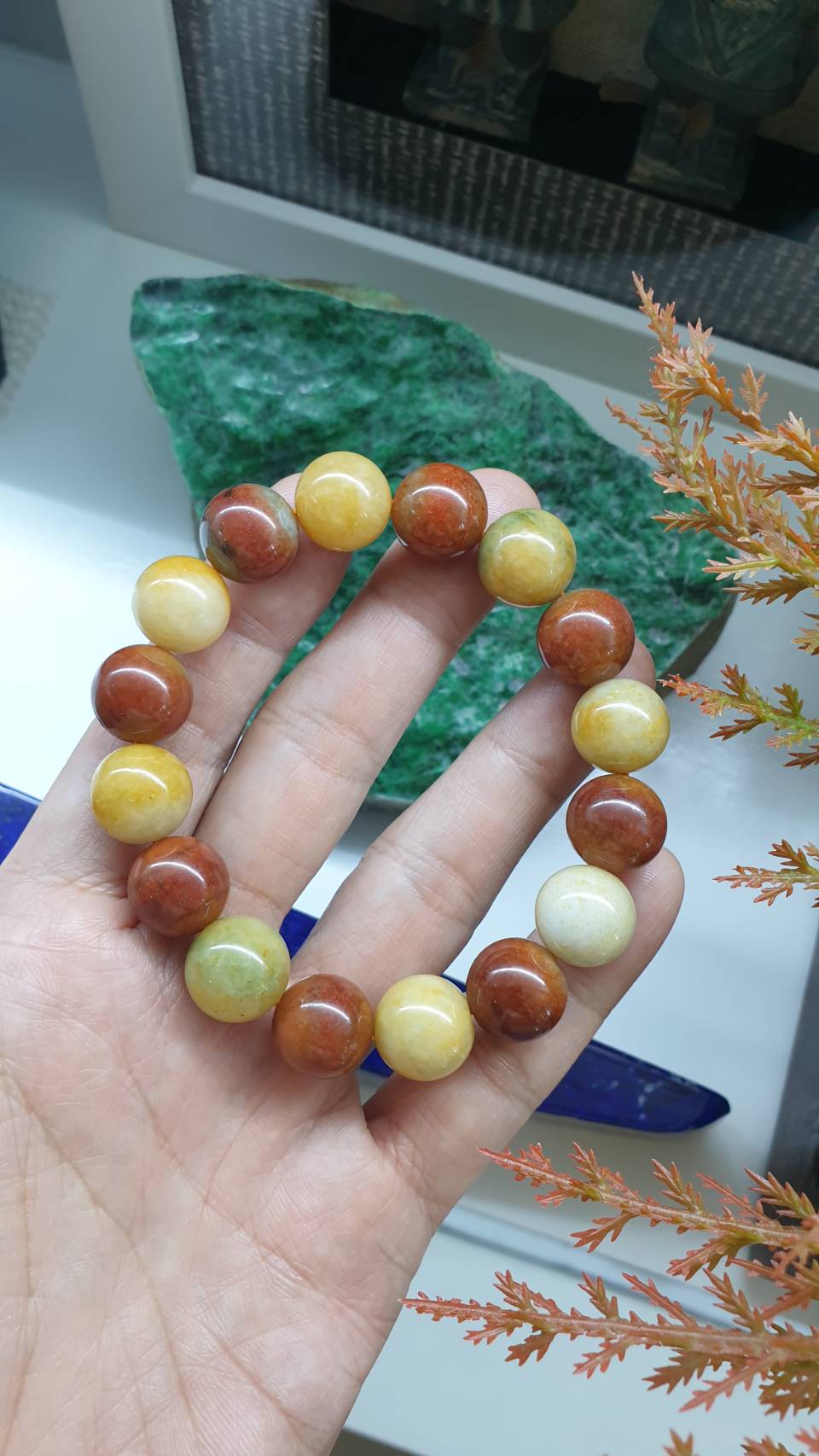 Honey and Red Jade Handmade Beads Bracelet 17cm Type A Natural Myanmar Jadeite