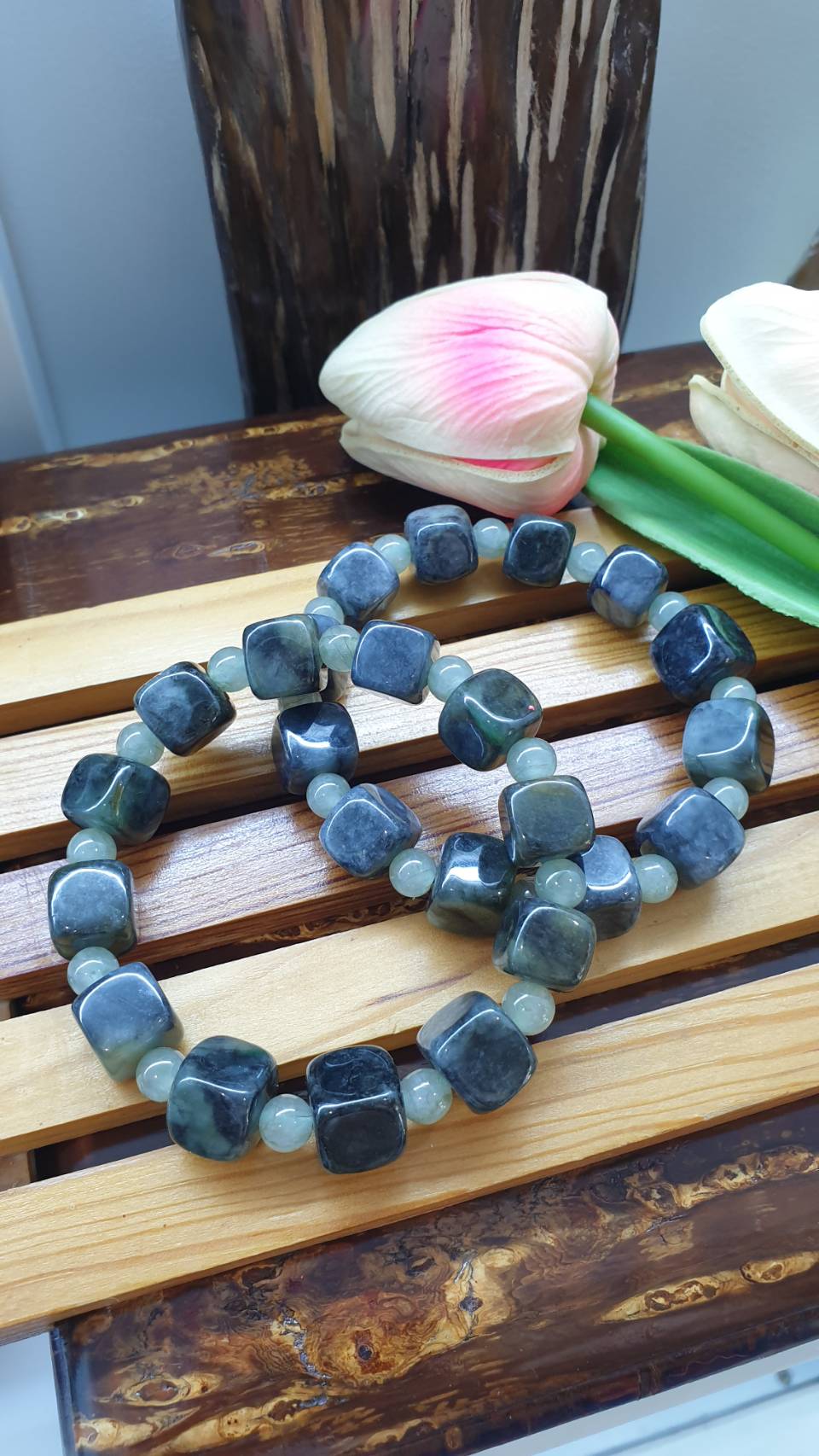 Cube Mabled Black Jade Bracelet 17cm Type A Natural Jadeite Spaced Beads