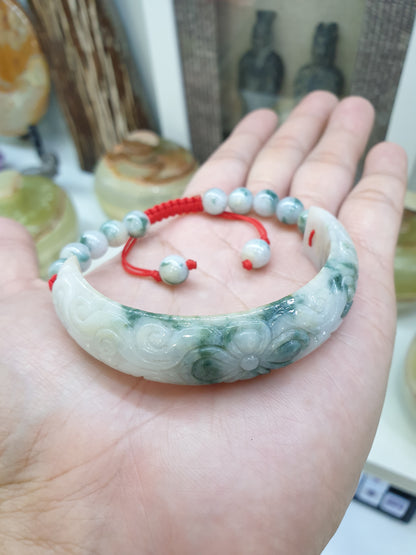 Jade Floral Half Bangle Red Thread Bracelet (Adjustable) | Fei Cui - Type A - Jadeite