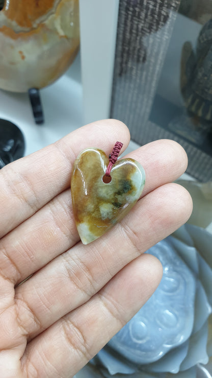Natural Type A Jadeite Heart Boho Pendant with Handwoven Thread Bail