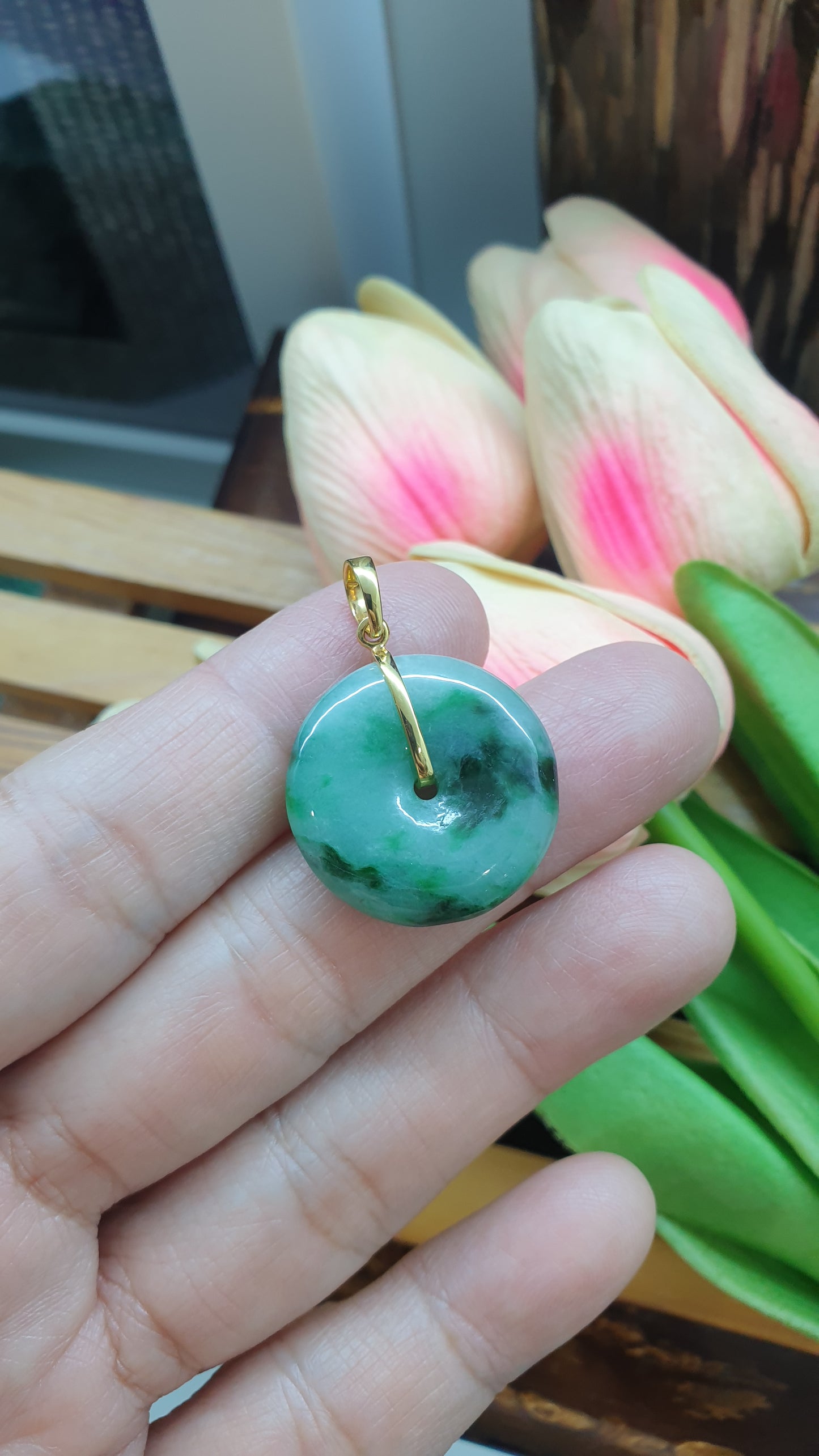 18K Gold Jade Ping An Kou Pendant Natural Green Type A Myanmar Jadeite