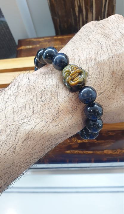 Tiger Eye Happy Buddha Prosperity Bracelets 17cm - Natural Stone Beads