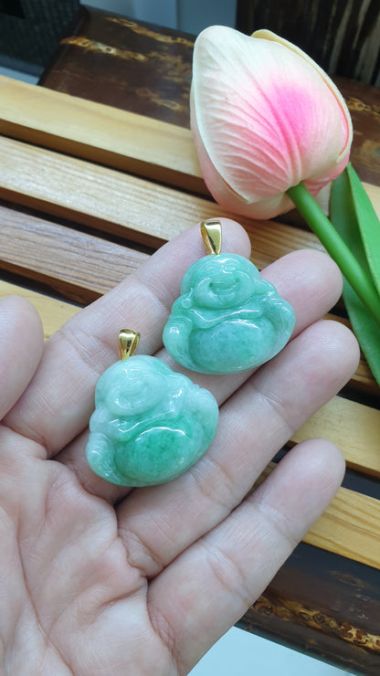 Jade Happy Buddha Pendants 9K Gold Fei Cui Type A Myanmar Jadeite
