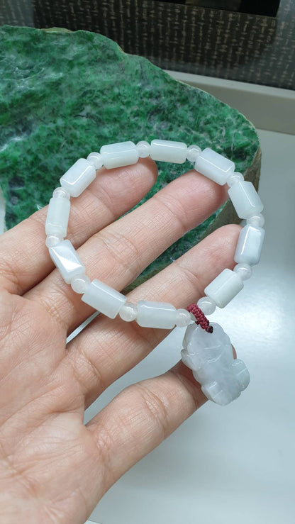 White Jade Pixiu Charm Bracelet 17cm Myanmar Type A Jadeite Cylinder Beads