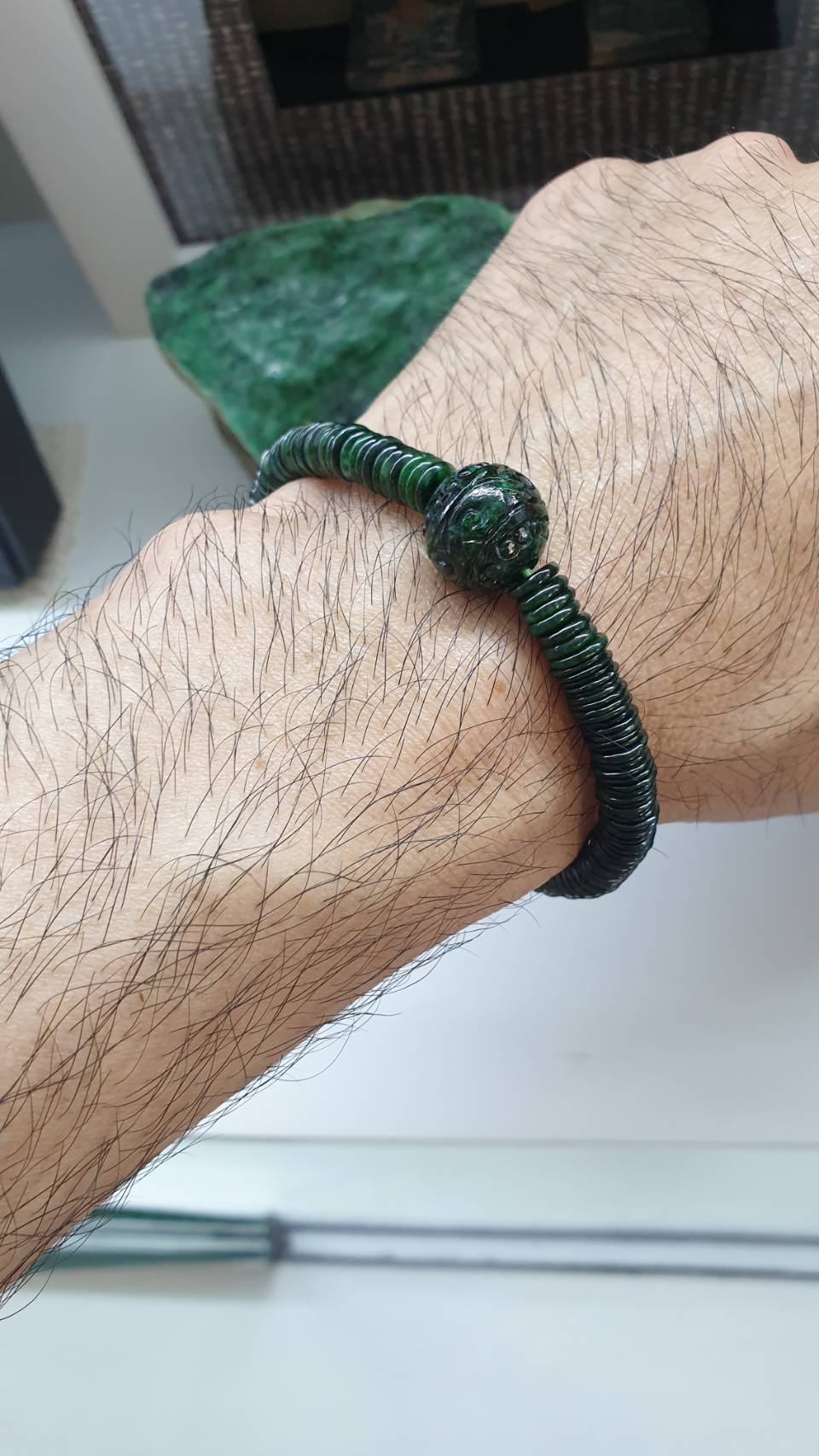Unique Jade Bracelet 17cm Type A Disc and Ru Yi Beads Natural Green Myanmar Jadeite