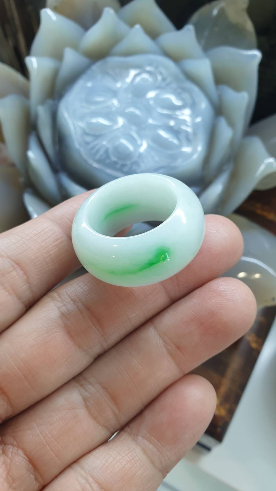 Type A Natural Jadeite Moss in Snow Domed Ring - US Size 12