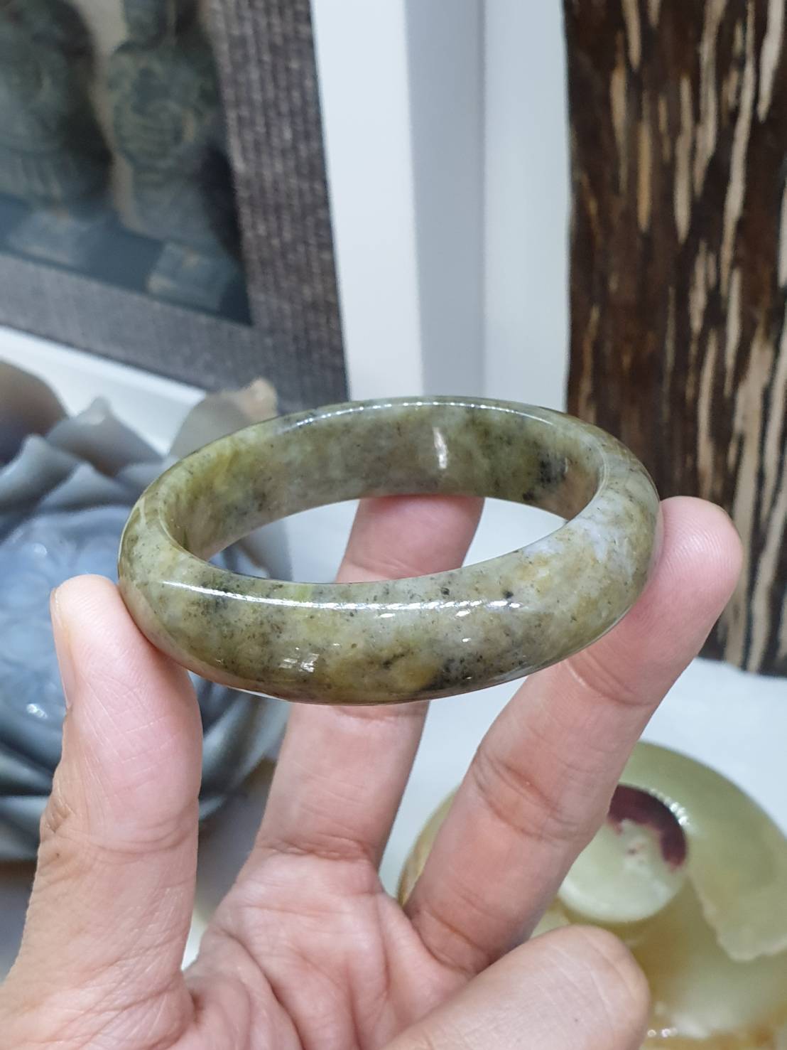 Honey Gray Jade Bangle S53 Speckled Type A Natural Myanmar Jadeite
