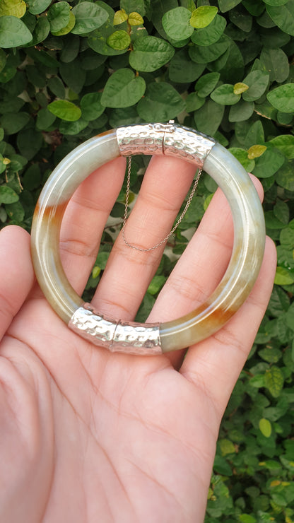 Hok Lok Siew Jade Cylindrical Split Bangle S61 Natural Myanmar Jadeite Sterling Silver