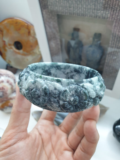 Carved Jade Floral Bangle S62.5 Type A Natural Jadeite Marbled Blue Gray