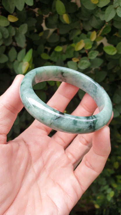 Jade Bangle S58.5 Type A Myanmar Jadeite Speckled Natural Moss Green