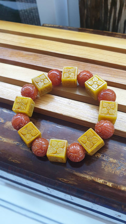Jade Good Fortune Bracelet 17cm Yellow-Red Jadeite Etched Beads