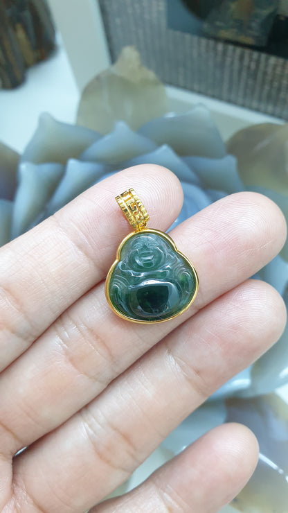 Blue Jade Happy Buddha Pendant | 18K Gold Setting | Wealth & Fortune Jewelry