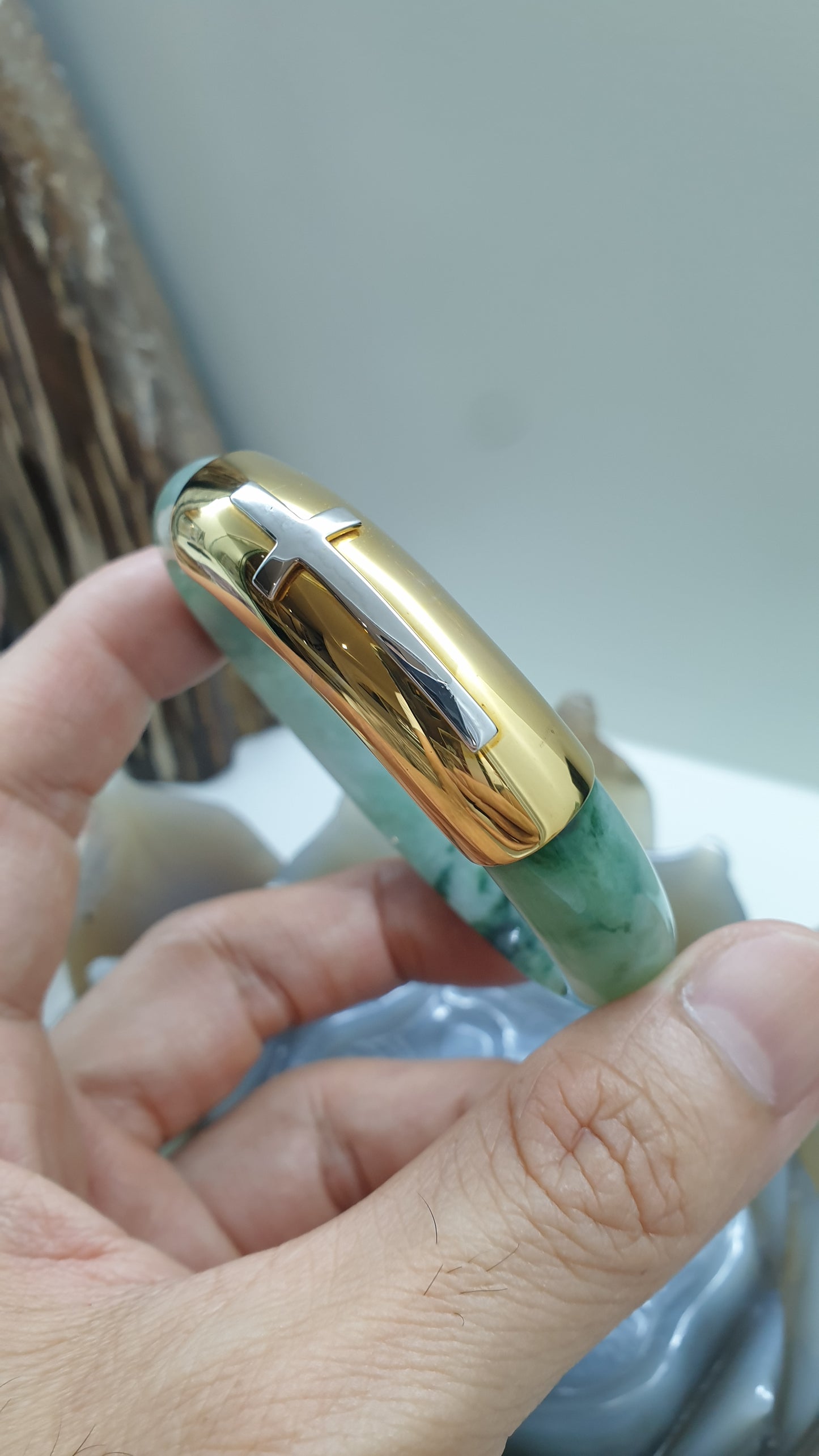 Jade Bangle with Solid 14K Gold Cross S58 Type A Natural Jadeite