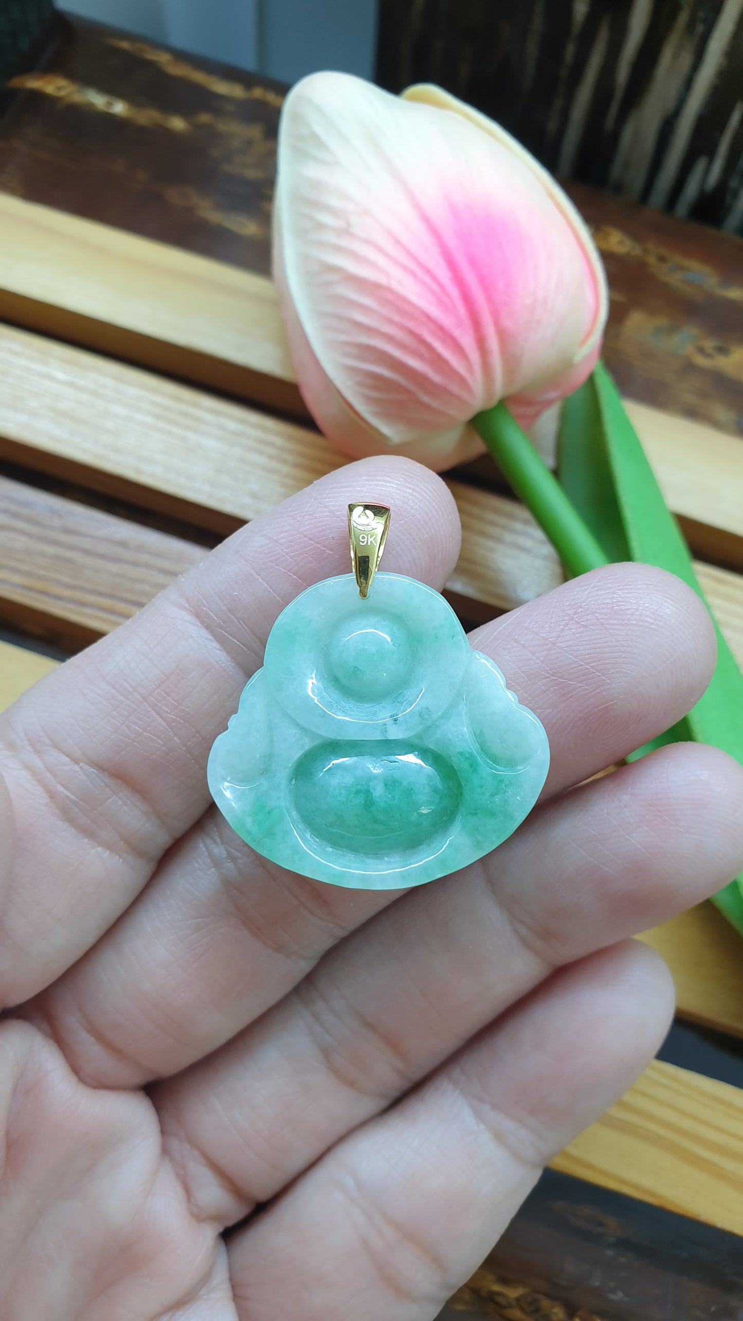 Jade Happy Buddha Pendants 9K Gold Fei Cui Type A Myanmar Jadeite