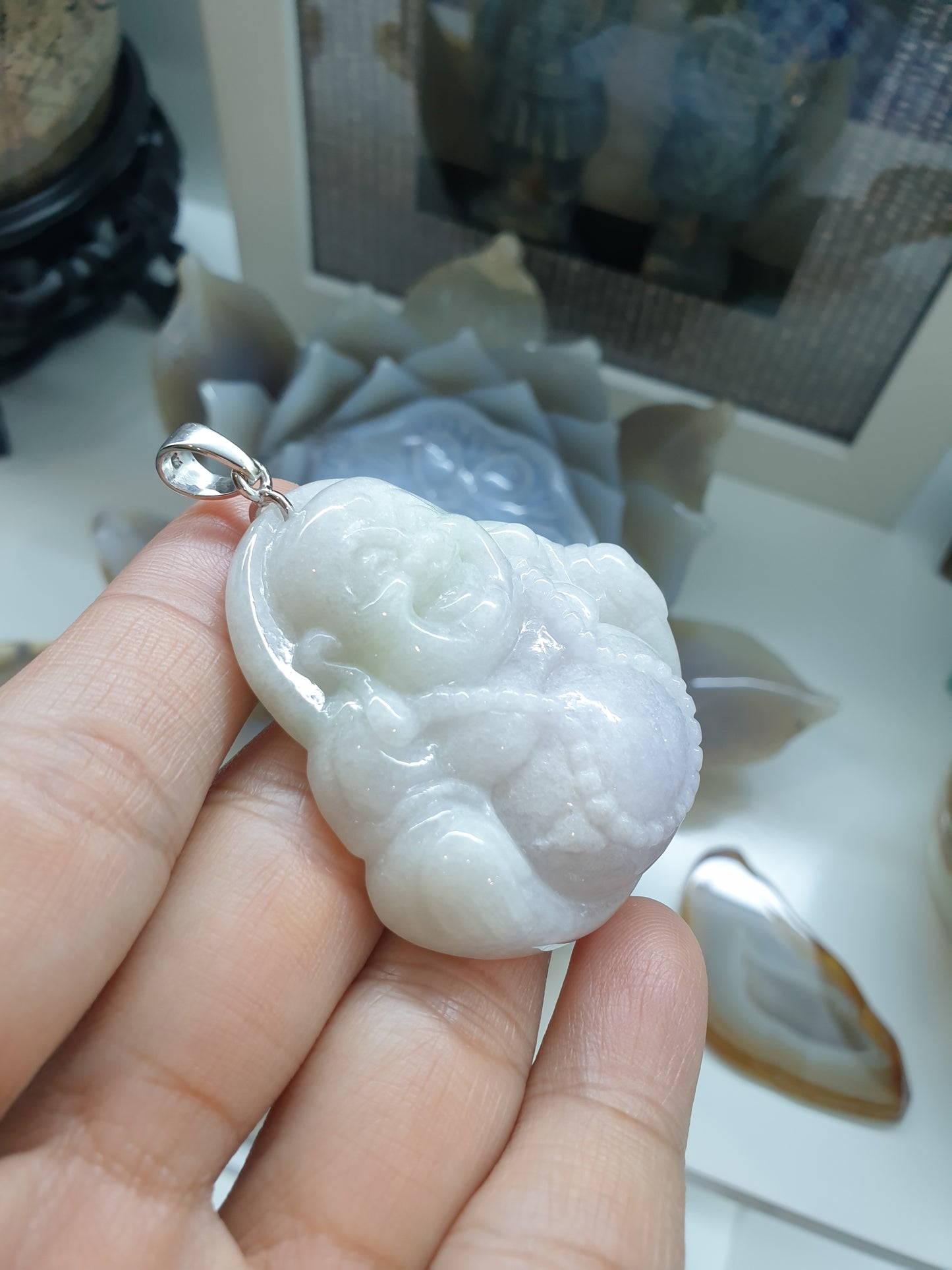 Lavender Jade Happy Buddha Pendant | Sterling Silver | Wealth & Fortune Jewelry