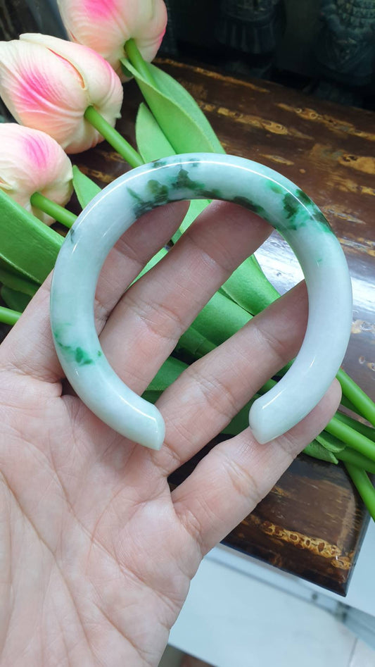Jade Cylindrical Cuff Bangle (Size 55 - 56) | Moss in Snow, Type A Natural Jadeite | Vintage Wrist Accessory